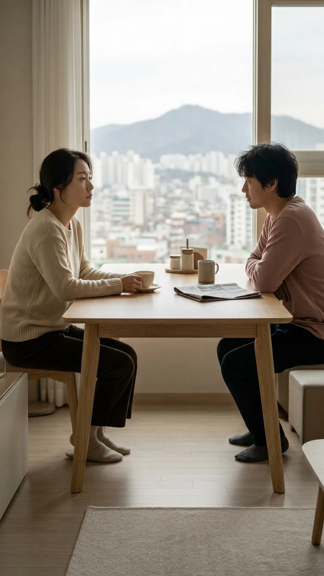 거실 식탁에 마주 앉아 이야기를 나누는 부부 — 연출 이미지