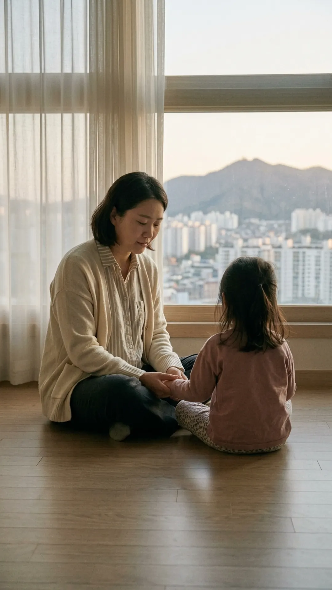 거실 바닥에서 아이와 마주 앉아 대화하는 부모 — 연출 이미지