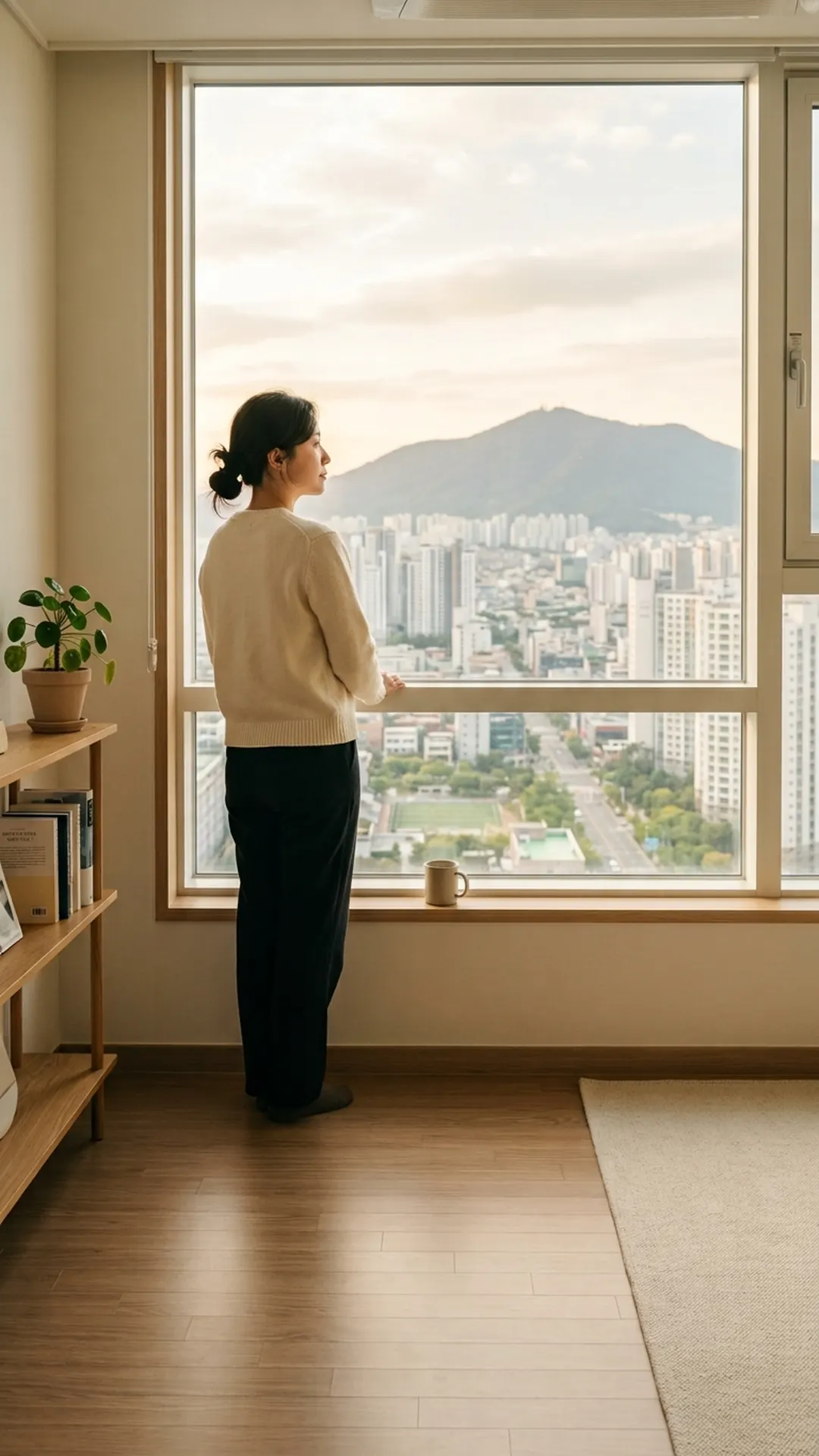 창가에 서서 생각에 잠긴 여성 — 연출 이미지